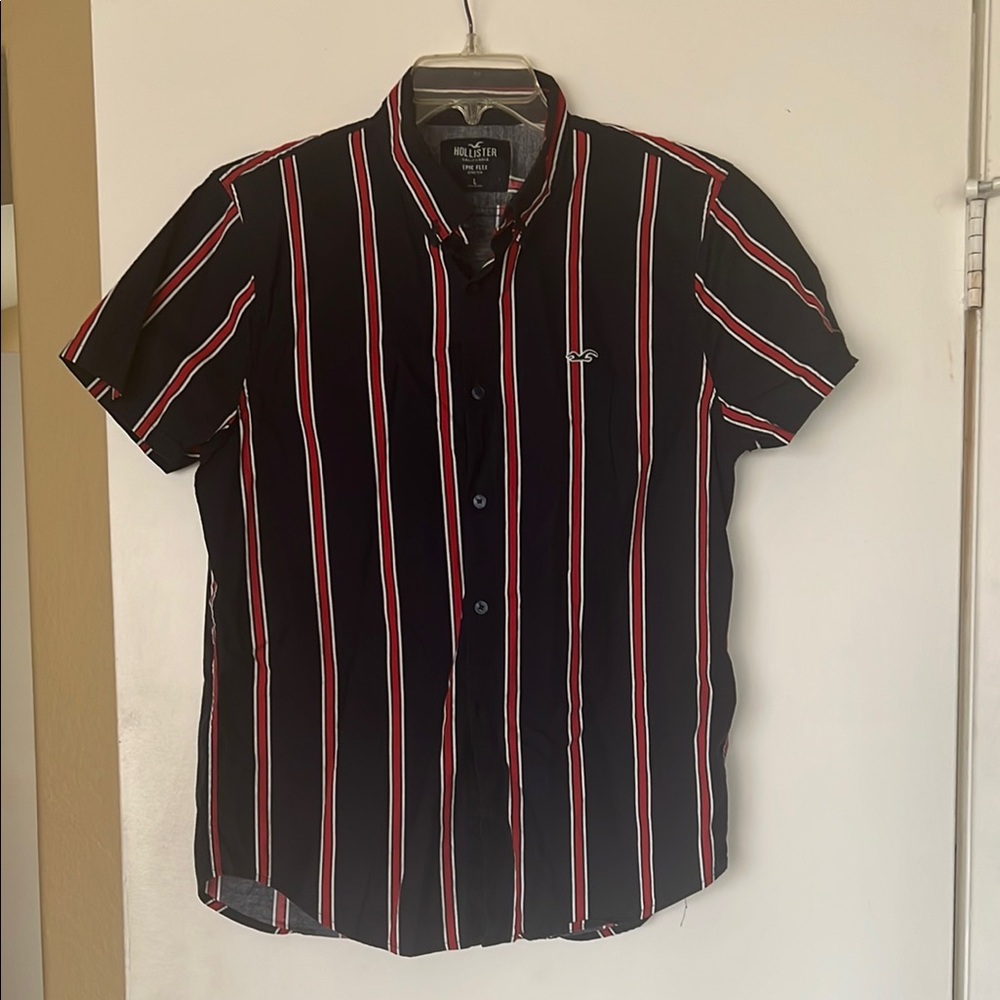 Hollister Black and Red Striped Casual Button Down Shirt
